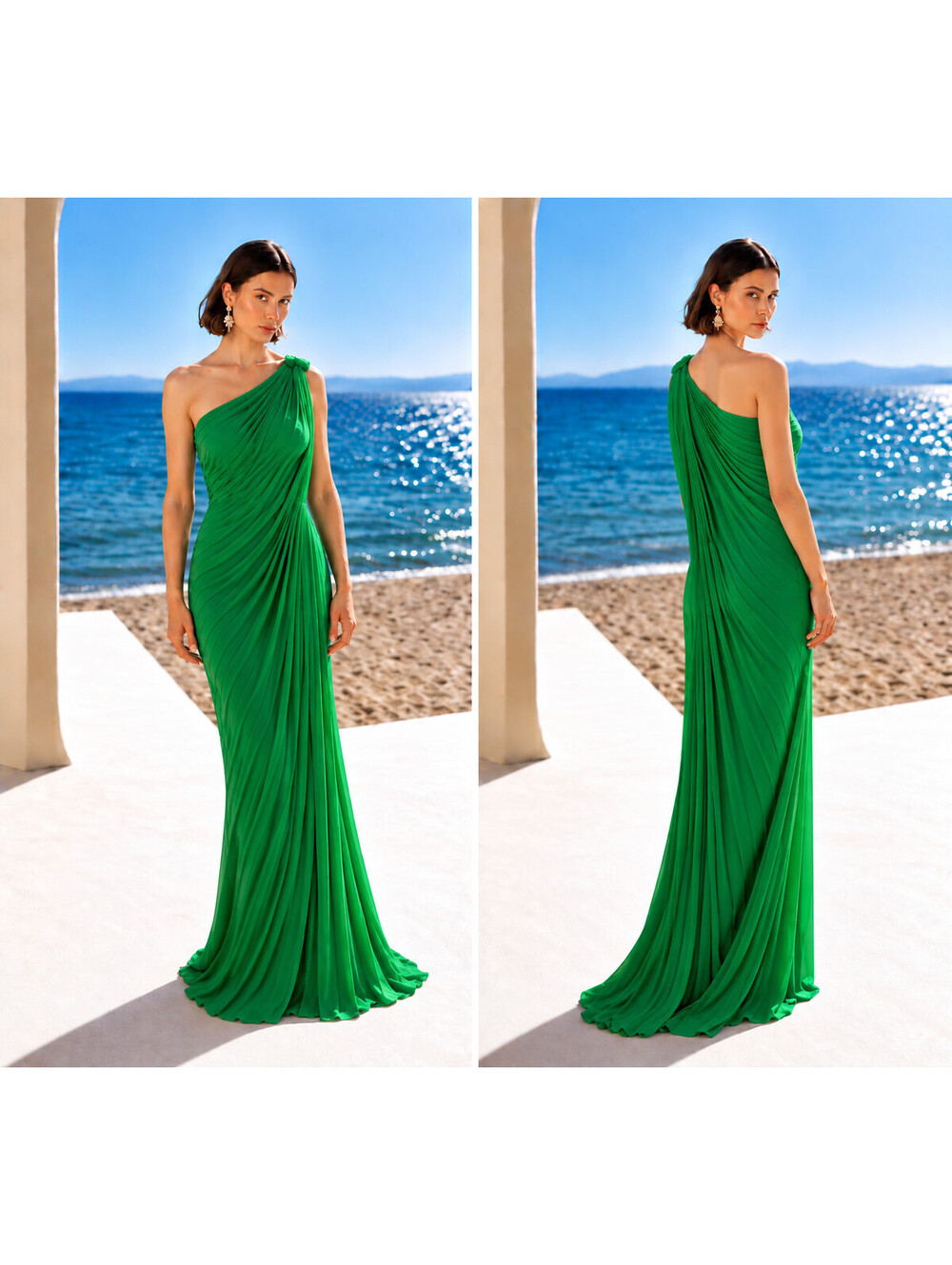 Badgley Mischka Green One Shoulder Pleated Draped Maxi Gown Caftan sz 4  Holiday